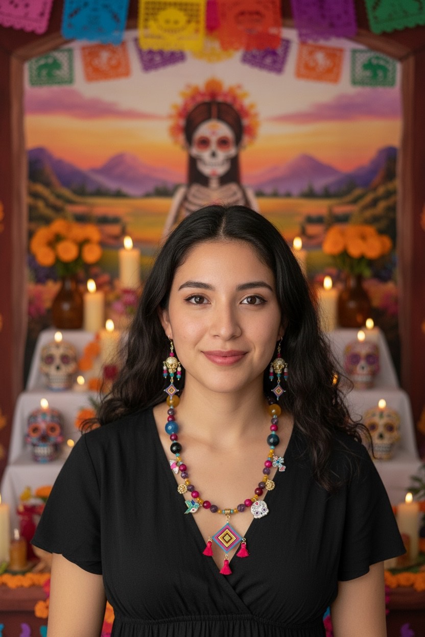 Collar Ofrenda Viva con Aretes Calavera