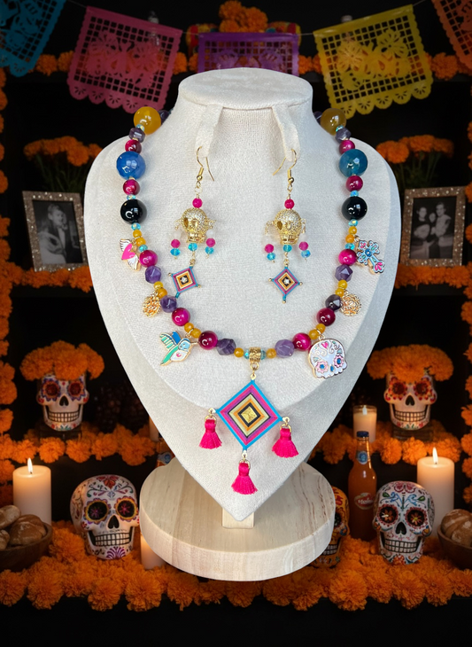 Collar Ofrenda Viva con Aretes Calavera